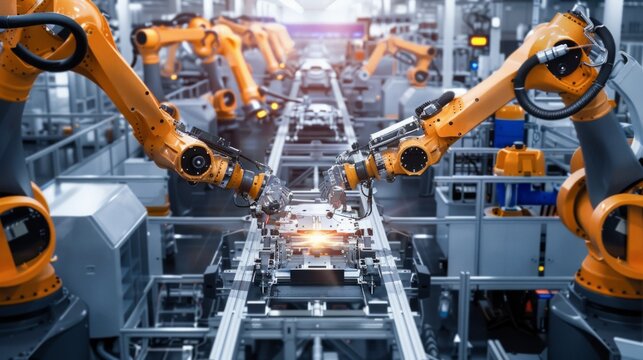 High-tech assembly line with robotic arms, assembling automotive parts, clean and modern factory environment, feeling of advanced technology and precision, photography, wide-angle shot