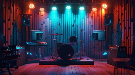 Leinwandbilder - A vibrant room filled with an array of musical equipment and colorful lights, creating an electric atmosphere for musicians and performers. Generative AI