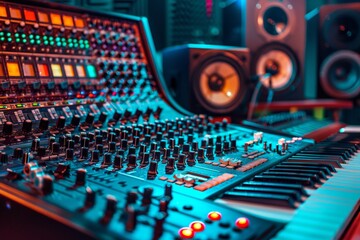 Poster - A detailed view of a sound mixing console loaded with numerous knobs and controls, ready to create the perfect audio mix. Generative AI