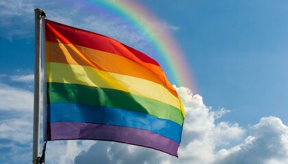 Wall Mural - lgbt flag on a background of blue sky with a rainbow