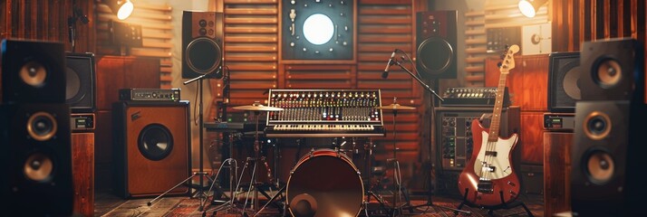 Poster - A recording studio filled with guitars, keyboards, and other musical equipment creating a vibrant atmosphere for musical magic to happen. Generative AI