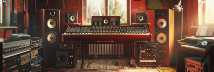 Poster - A room overflowing with a myriad of musical equipment, from guitars and drums to synthesizers and microphones, creating a picturesque scene of creativity and passion. Generative AI