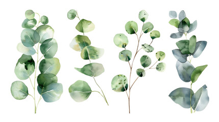 Watercolor leaves branch set. Hand painted eucalyptus elements isolated on transparent background. Artistic clip art