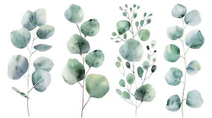 Watercolor leaves branch set. Hand painted eucalyptus elements isolated on transparent background. Artistic clip art