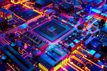 Poster - Closeup of a vibrant, illuminated cpu and circuitry conveying hightech and innovation