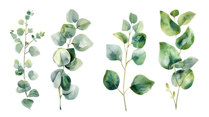 Watercolor leaves branch set. Hand painted eucalyptus elements isolated on transparent background. Artistic clip art