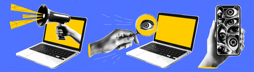 Aufkleber - A set of halftone collage elements. Laptop with loudspeaker, hand with loupe, hand holding a phone with many eyes on the screen.