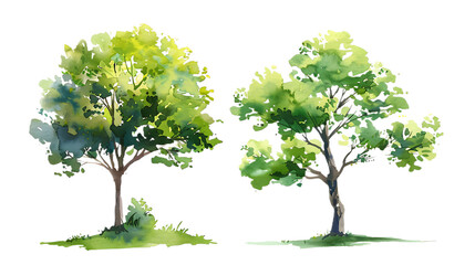 Watercolor green tree illustration isolated on transparent background for landscape and architecture drawing. Elements for environment and garden, botanical for section in spring. 
