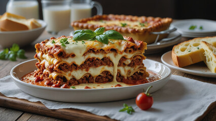 Wall Mural - Delicious Italian lasagna with layers of rich meat sauce, creamy béchamel, and melted cheese, garnished with fresh basil and served with garlic bread on a rustic dining table.