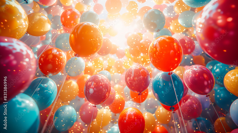 Colorful balloons and confetti in a festive celebration atmosphere ...