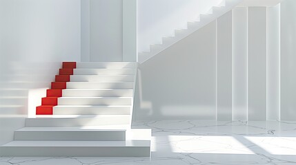 Wall Mural - a contemporary staircase with a minimalist, all-white design, accented by a single, vibrant red step