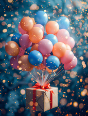 Pastel balloons tied to a polka dot gift box with ribbons surrounded by bokeh and decorations