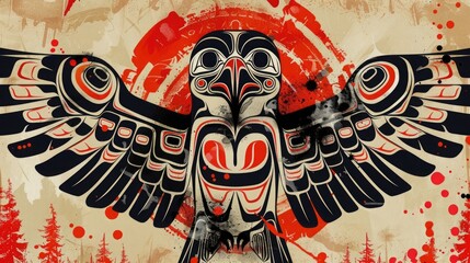 Colorful Indigenous artwork depicting a bird with outstretched wings, showcasing intricate patterns and vibrant colors.