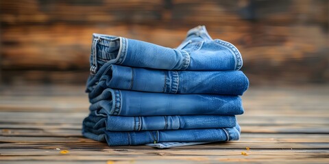 Wall Mural - Stack of blue denim jeans on display fashion background concept. Concept Fashion Display, Denim Jeans, Stylish Apparel, Clothing Store, Casual Wear