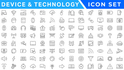Poster - Device and technology web icons in line style. Computer monitor, smartphone, tablet and laptop. Vector illustration