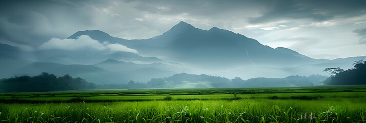 Wall Mural - Copy space image of a picturesque green field with a majestic mountain as a backdrop amidst cloudy and rainy weather