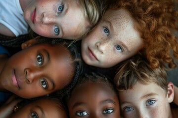 closeup top view of a diverse group of happy and joyful children from different cultural backgrounds