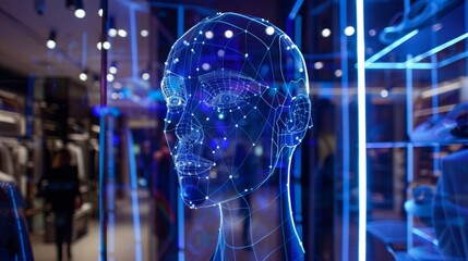 Poster - A modern, futuristic head is enclosed in a transparent display case, showcasing advanced technology and design.