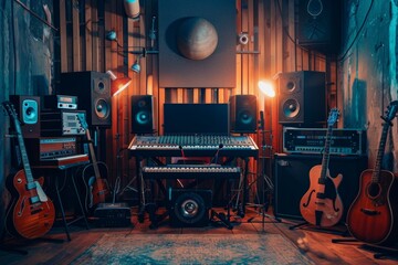 Aufkleber - A vibrant room bursting with guitars, amplifiers, microphones, and musical equipment, creating a lively and inspiring atmosphere for musicians and recording artists. Generative AI
