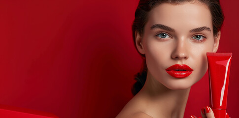 Wall Mural - beautiful woman with red lipstick on lips, red background,