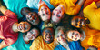 © paco - Diverse Group of Friends Lying in a Circle Smiling at the Camera. A vibrant and joyful image of a diverse group of friends lying in a circle on the ground, smiling at the camera.