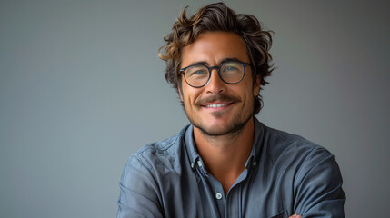 smiling young caucasian man with glasses and wavy hair in a denim shirt, against a gray background