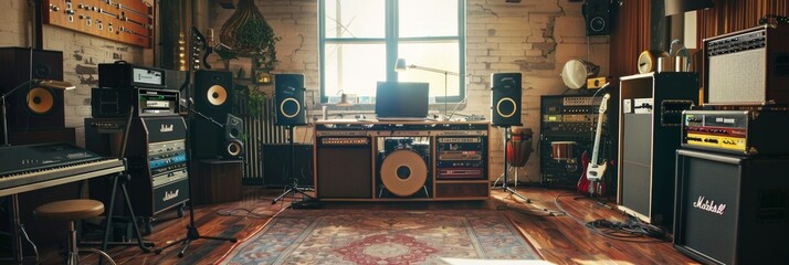 Aufkleber - A vibrant display of musical creativity, showcasing a room inundated with a plethora of top-of-the-line musical equipment, ready to bring any composition to life. Generative AI