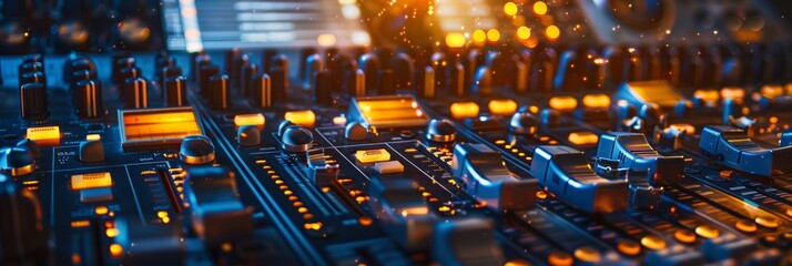 Poster - A detailed view of a sound mixing console filled with knobs, sliders, and buttons, ready to blend and manipulate audio levels. Generative AI