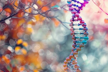 Poster - Digital illustration of a vibrant dna strand with a blurred, bokeh background