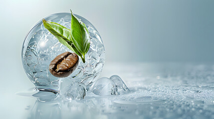 a green tea leaf and coffee bean in an water sphere, ice