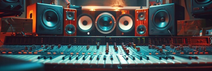 Poster - A bustling mixing desk surrounded by an array of sound equipment, channels of music blend seamlessly in an audio symphony. Generative AI