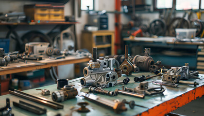 Wall Mural - car engine on table and car being repaired on lift on blurred ba