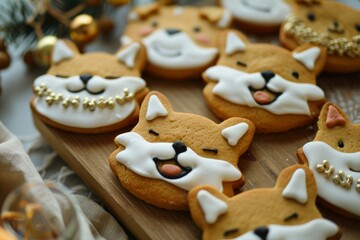 Sticker - Closeup of cute caninethemed holiday cookies with festive decorations in background