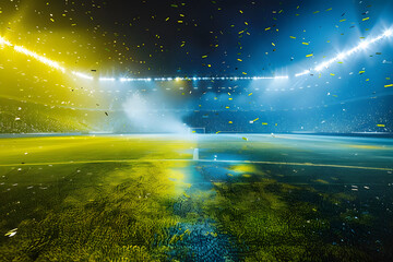 Evening stadium arena soccer field championship win. Confetti and tinsel . Yellow toning. Wide angle smoke in blue and yellow background