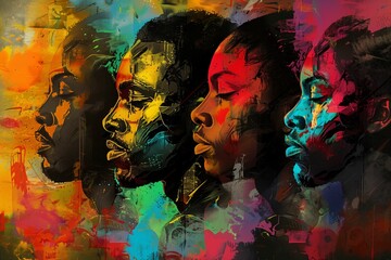 Wall Mural - Black History Month colourful abstract illustration of Diverse representations of African American across different fields.