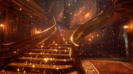 Wall Mural - a grand staircase with a railing that resembles a celestial constellation, each star emitting a soft