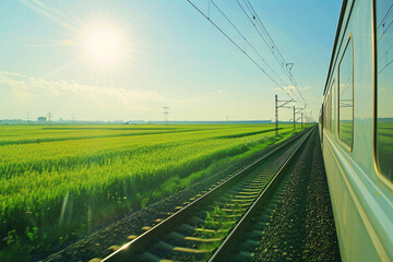 A train traveling through lush green fields under a bright sun creating a serene and picturesque landscape