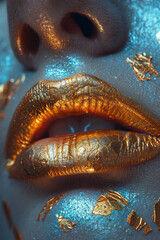 Poster - Pair of lips covered in gold leaf, shining in the light,