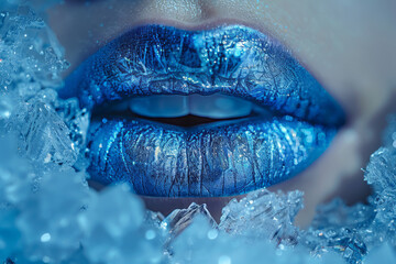 Poster - Lips in a cool blue shade with a frosty texture, like ice,