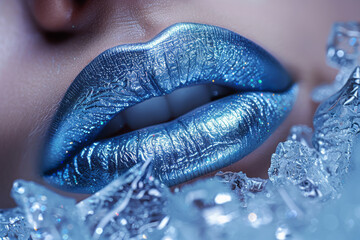 Poster - Lips in a cool blue shade with a frosty texture, like ice,