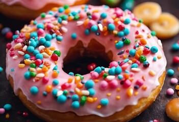 Wall Mural - AI generated illustration of pink donut with colorful sprinkles and nuts placed on a table