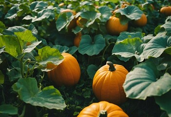 Wall Mural - AI generated illustration of pumpkins growing on lush green field