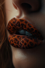 Poster - Lips with a leopard print design, blending brown and gold tones,
