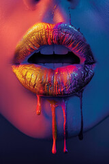 Poster - Lips with a dripping paint effect, blending bold colors,