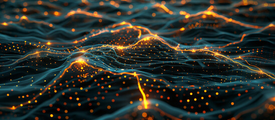 Fototapete - A futuristic digital landscape featuring an intricate web of glowing neural networks interconnected with streams of binary code flowing seamlessly through the matrix