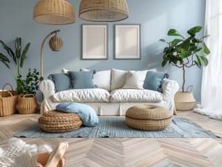 Wall Mural - A living room with a white couch, a potted plant, and a few baskets. The room has a cozy and welcoming atmosphere