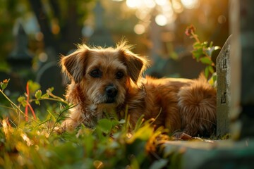 Poster - Tranquil and peaceful dog resting in the serene garden during the warm golden hour sunset. Surrounded by lush greenery and bathed in the calming light of the natural outdoor setting