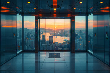 Poster - A high-tech elevator with transparent glass walls, offering a panoramic view of the city,