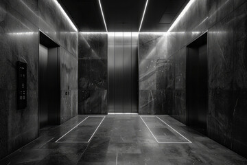 Poster - An elevator with a sleek, minimalist design and ambient LED lighting,