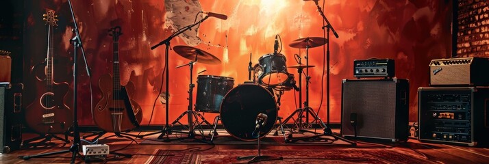 Poster - A room filled with various musical instruments and equipment scattered on the floor, creating a chaotic yet artistic scene. Generative AI
